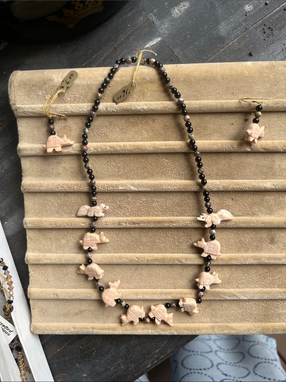 Hand-Carved squirrel & Turtle Bead Necklace - earrings set 20